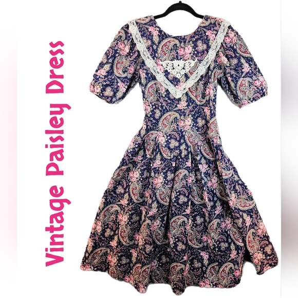 unbranded Dresses & Skirts - Vintage Blue & Pink Paisley Print Midi Dress sz 11? Womens fits more of S-M